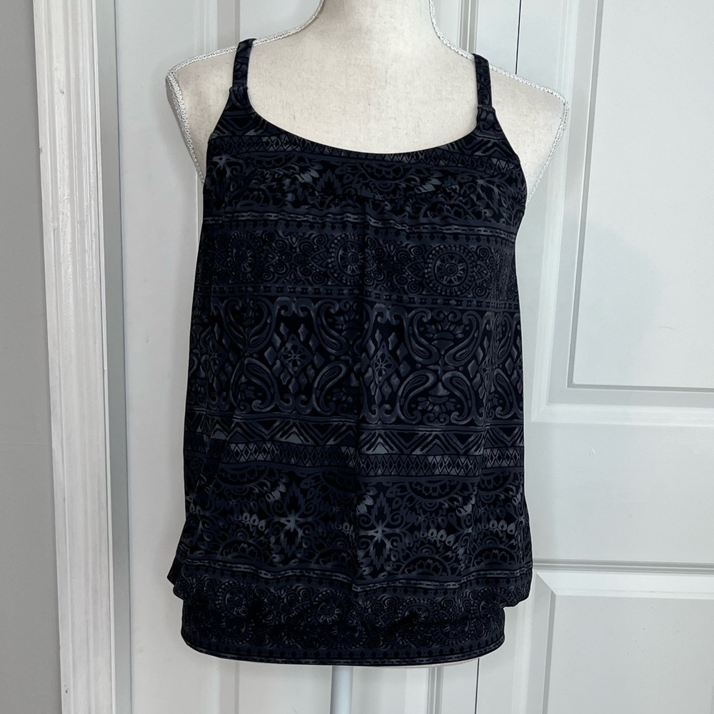 Lands’ End Black Grey Paisley Blouson Racerback Tankini Swimsuit Top 8 Shelf Bra
